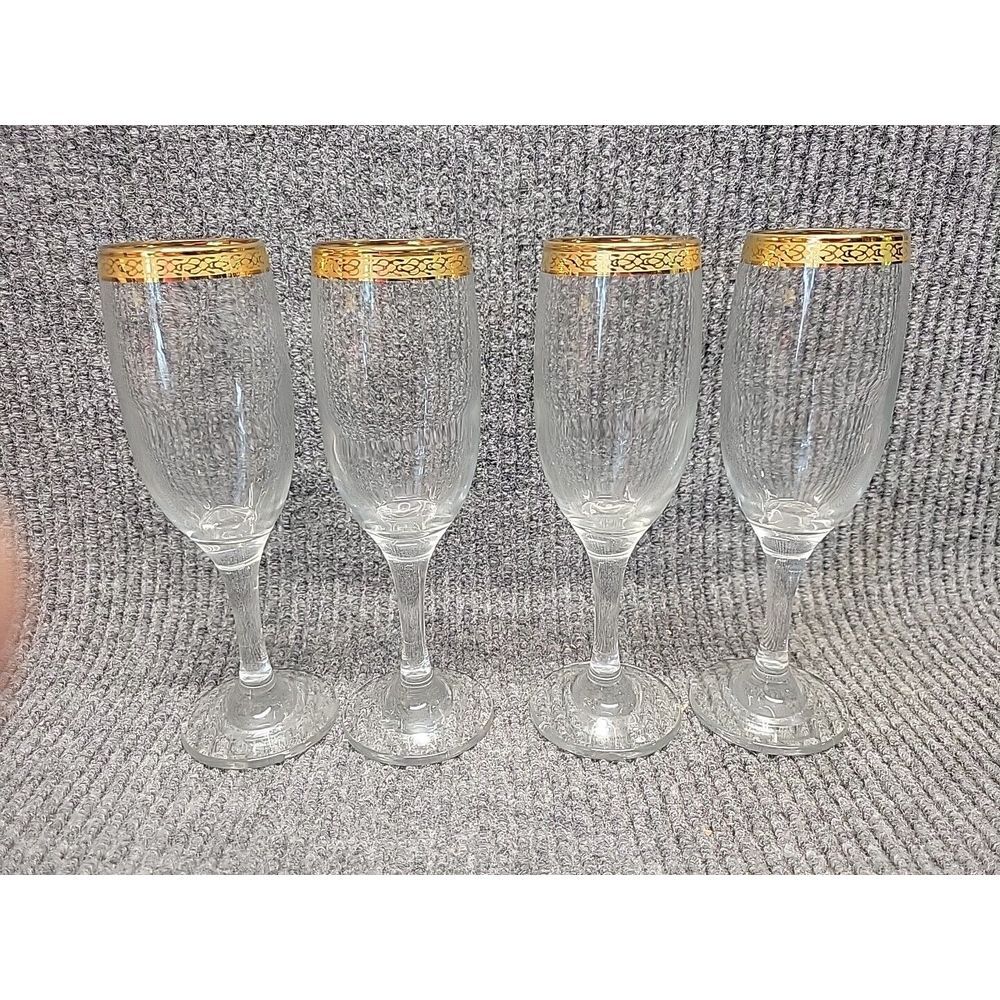 4 Gold Trim Champagne Flutes 7.5"‎